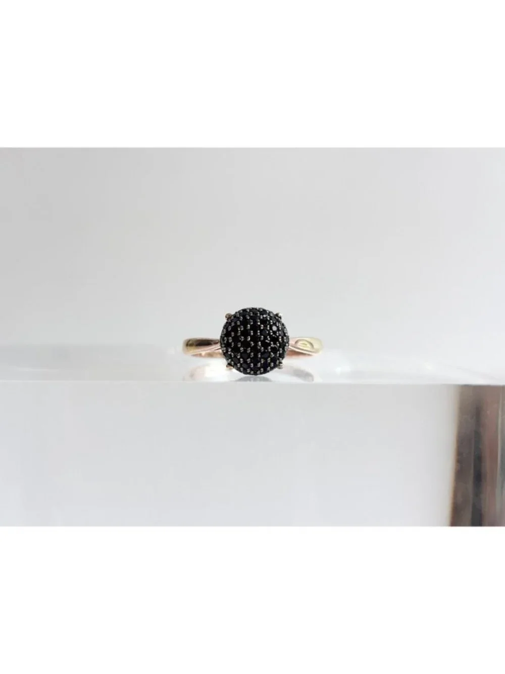 Black Spinel Pave Vermeil Gold Overlay Sterling Silver 925 Vintage Ring - sz 10